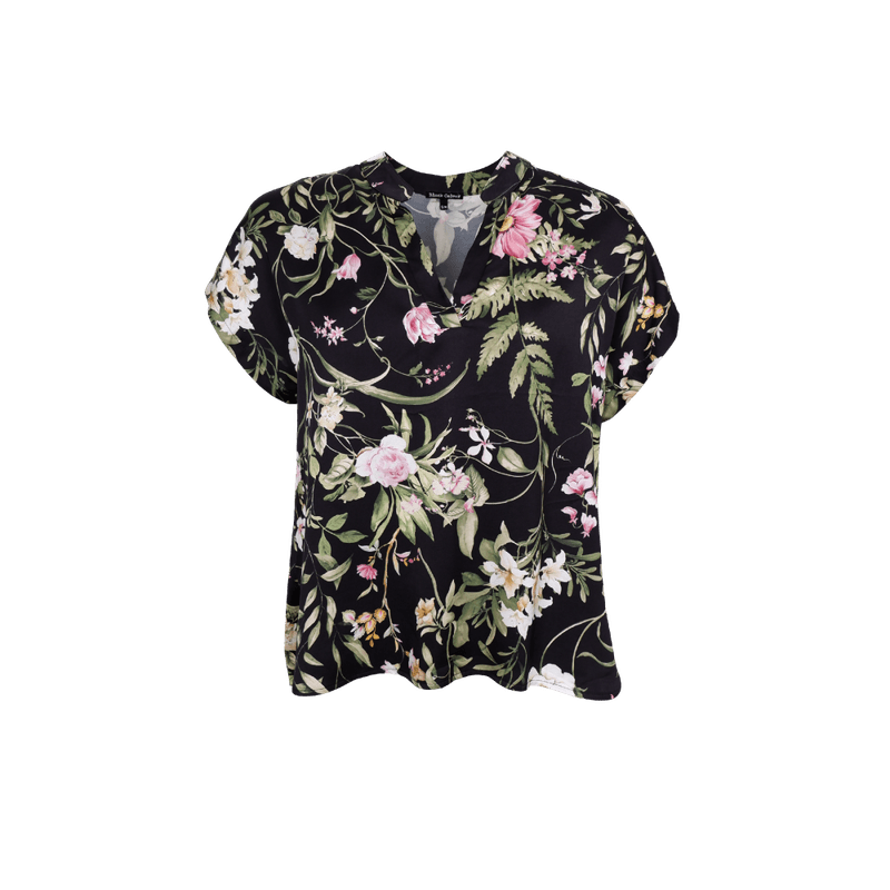 Blomsterprintet satengbluse med korte ermer