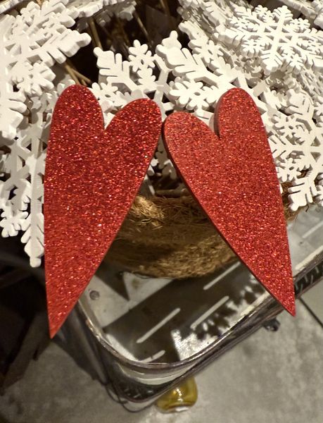 Trehjerte p&aring; pinne B7 14,5 cm r&oslash;d m/glitter